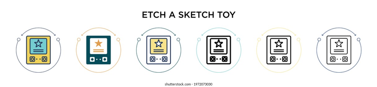 Etch a sketch toy icon in filled, thin line, outline and stroke style. Vector illustration of two colored and black etch a sketch toy vector icons designs can be used for mobile, ui, web