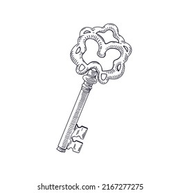 Etched old door key drawn in vintage style. Engraved drawing of ancient antique noble medieval victorian locking item. Contoured detailed handdrawn vector illustration isolated on white background