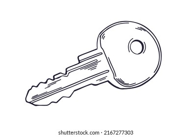 Etched outlined apartment door key drawn in vintage style. Black and white detailed engraving art of modern locking, opening item. Isolated contoured handdrawn woodcut vector illustration