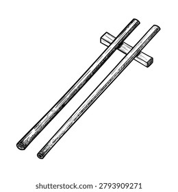 An etched style drawing of a pair of wooden chopsticks resting on a small rectangular chopstick holder