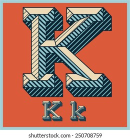 Conjunto de tipos de letra vectorial grabado de letras grabadas. Alfabeto biselado en la vieja escuela. Carácter K
