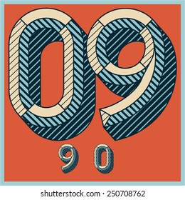 Etched vector font set of engraved letters. Old school beveled alphabet. Numbers 9 0