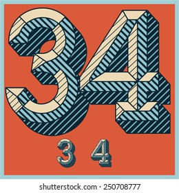 Etched vector font set of engraved letters. Old school beveled alphabet. Numbers 3 4