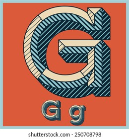 Etched vector font set of engraved letters. Old school beveled alphabet. Character G