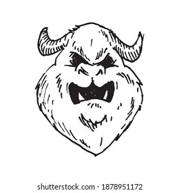 Etched vector illustration. Art work. Hand drawn ink sketch of fierce monster with woolly face and horns on head bares teeth and growls. Terrible werewolf, fierce forest beast.