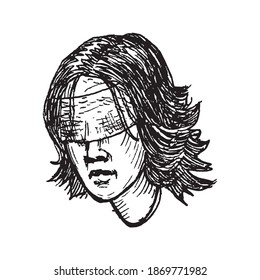 Etched vector illustration. Black and white vintage art. Hand drawn ink sketch of yong girl head separate from body. Blindfold covered eyes. Justice and law impartiality symbol. Hostage or prisoner.
