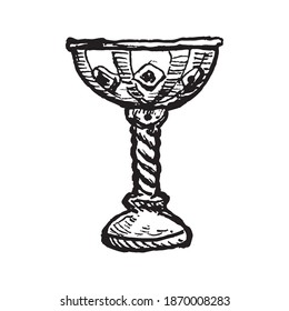 Etched vector illustration. Black and white vintage art. Hand drawn ink sketch of antique bowl for Royal ceremonies. Metal vintage Cup for wine on ornate leg. Sacred graal. Medieval nobility symbol.