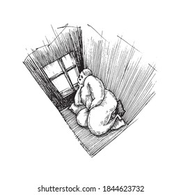 Etched vector illustration. Contemporary black and white vintage art. Hand drawn ink sketch of single fat lazy man lies alone on floor in room corner. Psychiatric hospital patient is depressed.
