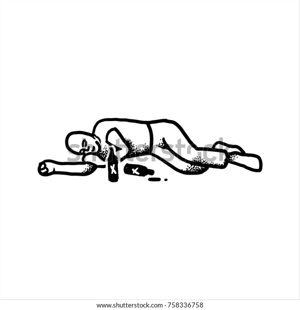 エッチングされたベクターイラスト 刻印のステッカー 暗いユーモアのジョーク 現代の街道芸術作品 ボトルの間に床に寝転がる酔っ払いの男の手描きのスケッチ のベクター画像素材 ロイヤリティフリー