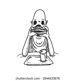 Etched vector illustration. Modern art work. Hand drawn ink sketch of bald man eating fast food Burger or hot dog. Creep horror character depicts human vice of gluttony and junk food.