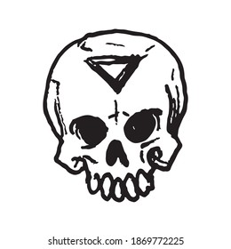Etched vector illustration. Street art work. Hand drawn ink sketch of scary human skull with triangle emblem in forehead and big teeth in jaw. Death and occult symbol. Anatomical element.