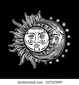 An etched-style cartoon illustration of a sun, moon, and star with human faces. Outlines are solid black with a transparent background for easy re-coloring.