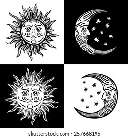 An etched-style cartoon illustration of a sun, moon, and star with human faces. Outlines are solid black with a transparent background for easy re-coloring.