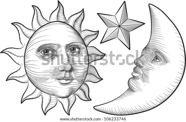 Etchedstyle Cartoon Illustration Sun Moon Star Stock Vector Royalty Free