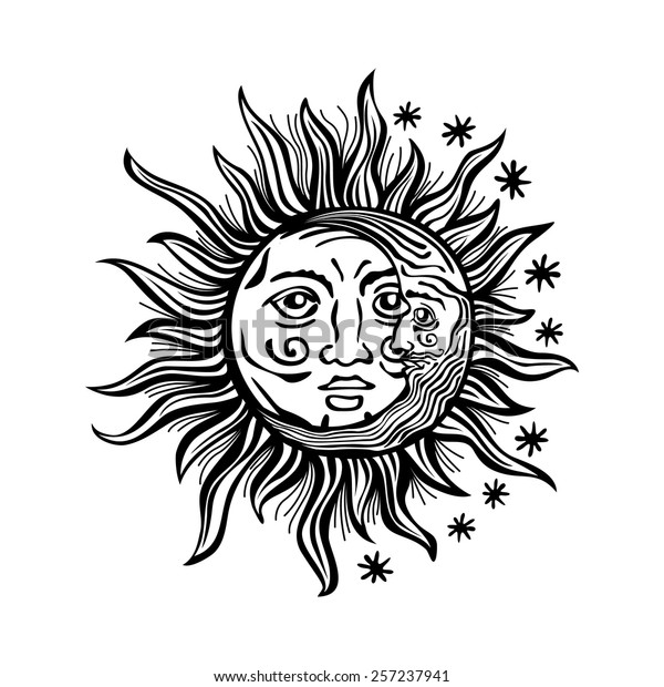 Etchedstyle Cartoon Illustration Sun Moon Star Stock Vector Royalty Free