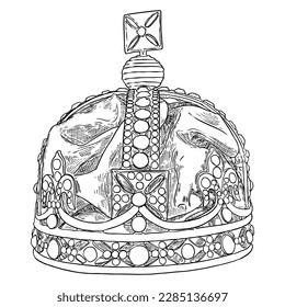 Etching drawing of crown with jewels. King coronation coronet. Hand drawn vector illustration.