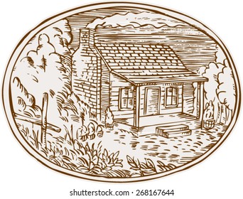 Etching Engraving Handmade Style Illustration Of A Log Cabin Farm House With Smoke Coming Out From Chimney Set Inside Oval Shape With Trees And Plants In The Background. 