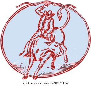 Etching engraving handmade style illustration of rodeo cowboy riding bucking bull set inside a circle shaped rope tied on top on isolated background.
