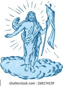 Etching engraving handmade style illustration of Jesus Christ resurrection viewed from front set on isolated white background. 