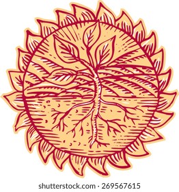 Etching engraving handmade style illustration of a plant with leaves showing roots with field mountain in the background set inside circle sun design.
