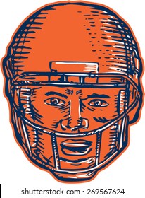 Etching engraving handmade style illustration of an american football player head with helmet facing front set on isolated white background. 