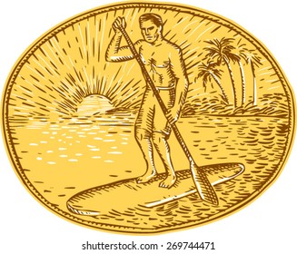 Etching engraving handmade style illustration of a man with paddle stand up paddling boarding surfing set on inside oval with sun tropical beach palm coconut trees sunburst in the background