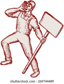 Etching engraving handmade style illustration of a protester activist unionist union worker shouting holding up a placard sign on isolated white background.