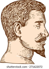 Etching engraving handmade style illustration of a man viewed from the side with goatee set on isolated white background. 