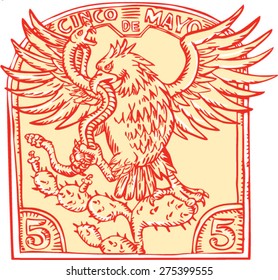 Etching engraving handmade style illustration of a Mexican eagle devouring a rattle snake perching on prickly pear cactus set inside inverted crest with words "Cinco de Mayo" 