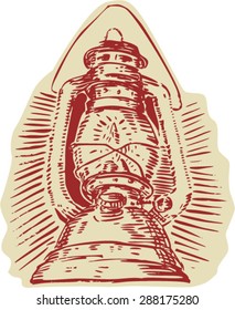 Etching engraving handmade style illustration of a kerosene lamp viewed from front set on isolated white background.