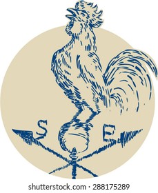 Etching engraving handmade style illustration of a rooster cockerel crowing standing on top of weather vane viewed from the side set inside circle on isolated background.