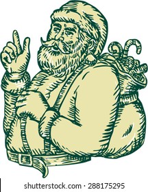 Etching engraving handmade style illustration of santa claus saint nicholas father christmas with sack in his back pointing upwards viewed from the side set on isolated background. 