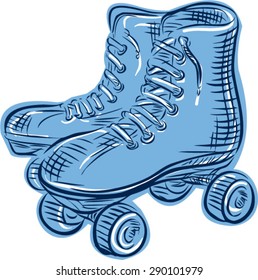 Etching engraving handmade style illustration of a pair of vintage used roller skates viewed from side set on isolated white background. 
