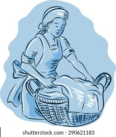 Etching engraving handmade style illustration of a laundry maid woman with basket full of clothes on isolated background. 