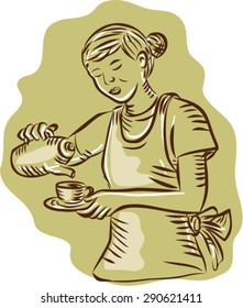 Etching engraving handmade style illustration of a waitress holding teapot and cup pouring tea vintage style on isolated background. 