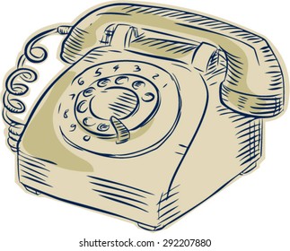 Etching engraving handmade style illustration of a vintage telephone viewed from the front set on isolated white background. 
