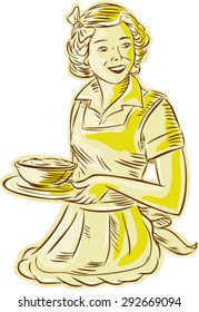 Etching engraving handmade style illustration of a vintage homemaker housewife wearing apron serving bowl of food viewed from front set on isolated white background. 