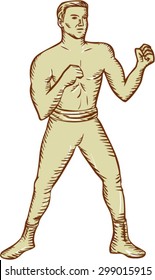 Etching engraving handmade style illustration of a vintage boxer fighter pose posing viewed from front set on isolated white background done. 