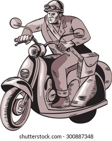 Etching engraving handmade style illustration of a messenger riding vintage scooter motor bike set on isolated white background. 