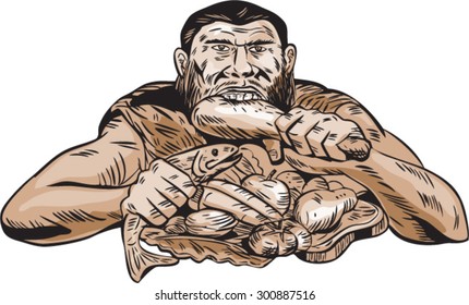 Etching engraving handmade style illustration of a neanderthal man eating a paleo diet consisting of lean meats, chicken, fish, fruits and vegetables viewed from front on isolated white background.