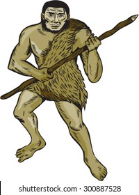 Etching engraving handmade style illustration of a neanderthal man holding spear facing front on isolated white background. 