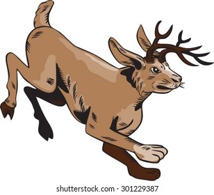 Etching engraving handmade style illustration of a jackalope, a mythical North American folklore animal that is a jackrabbit with antelope horns or deer antlers side done in retro style. 