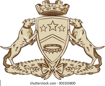 Etching engraving handmade style illustration of a heraldic design of coat of arms showing two pitbulls on side supporting the shield with stars and dog collar and a brick crown ,rook or tower above.