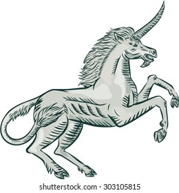Etching engraving handmade style illustration of a unicorn horse prancing viewed from the side set on isolated white background.