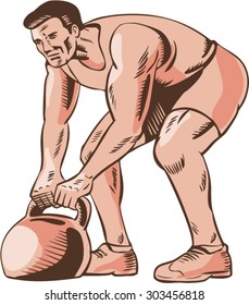 Etching engraving handmade style illustration of an athlete performing high intensity interval training lifting a kettlebell viewed from side.