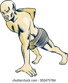Etching engraving handmade style illustration of an athlete performing high intensity interval training doing the one-hand push-up viewed from side.