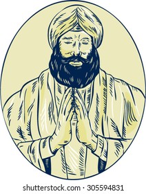 Etching engraving handmade style illustration of a Sikh guru or priest praying viewed from front set inside oval.