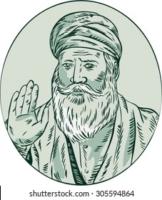 Etching engraving handmade style illustration of a Sikh guru nanak ji priest waving viewed from front set inside oval. 