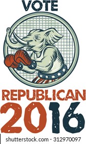 Etching engraving handmade style illustration of an American Republican elephant boxer mascot boxing with boxing gloves wearing USA stars and stripes flag shorts with words Vote Republican 2016.