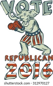Etching engraving handmade style illustration of an American Republican elephant boxer mascot boxing with boxing gloves wearing USA stars and stripes flag shorts with words Vote Republican 2016.